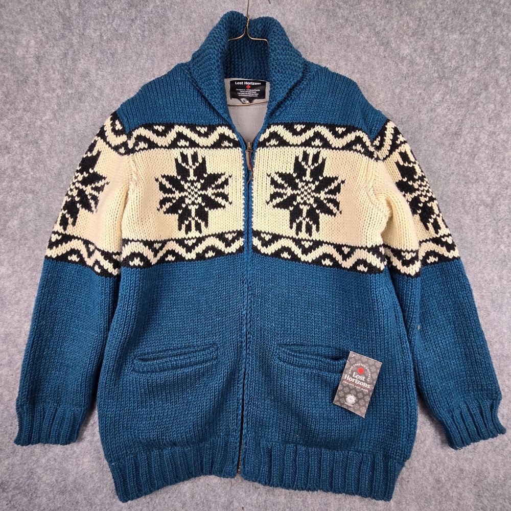 Lost Horizons Cardigan Men L/XL Blue Nordic Wool Fleece Lined Full Zip Sweater